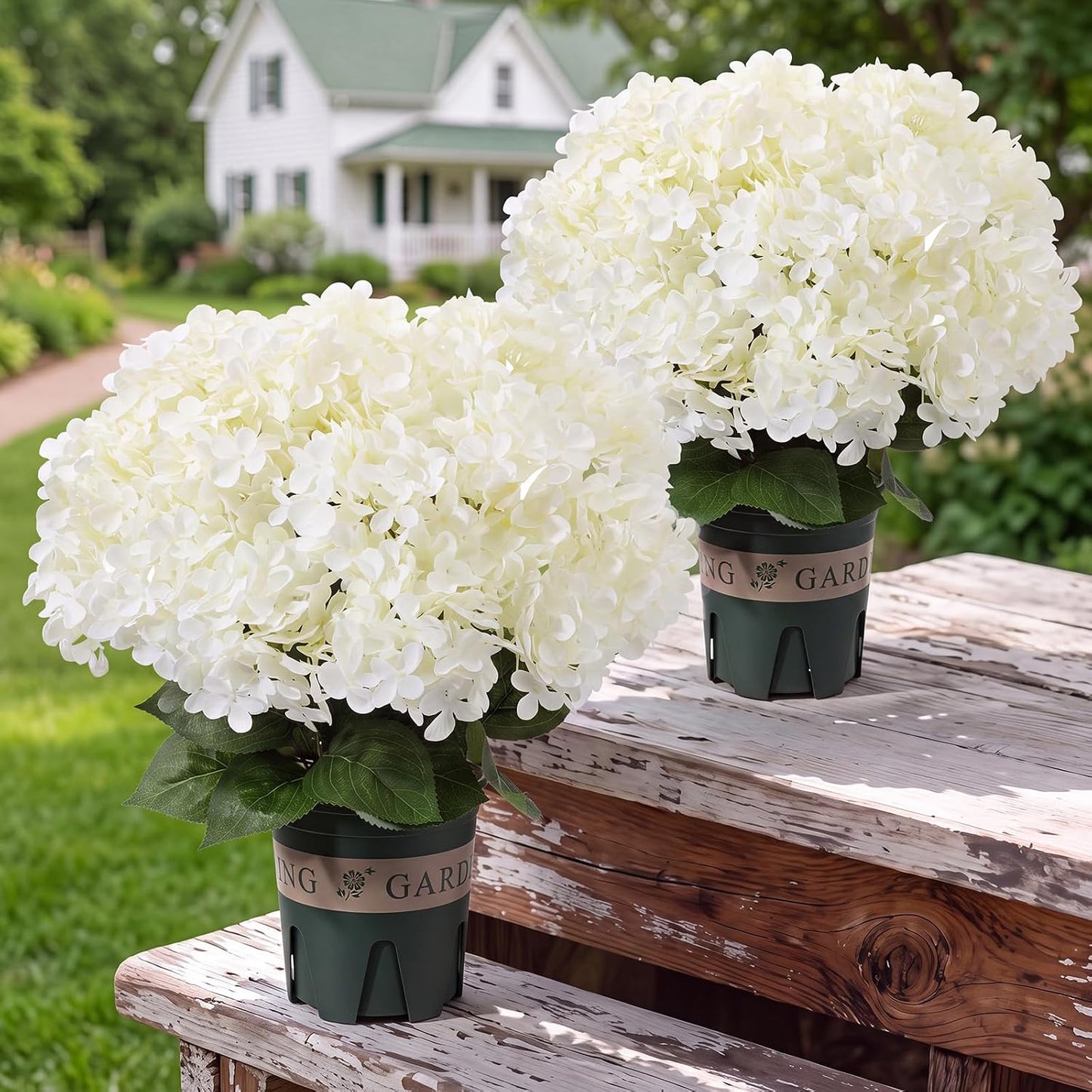 2 Pack Blue White Artificial Hydrangea Flowers Potted for Outdoor | 8 Bundles Faux Hydrangea Plant with 40heads in Pots UV Resistant Realistic Faux Plant Pots for Garden Yard Patio Path Home