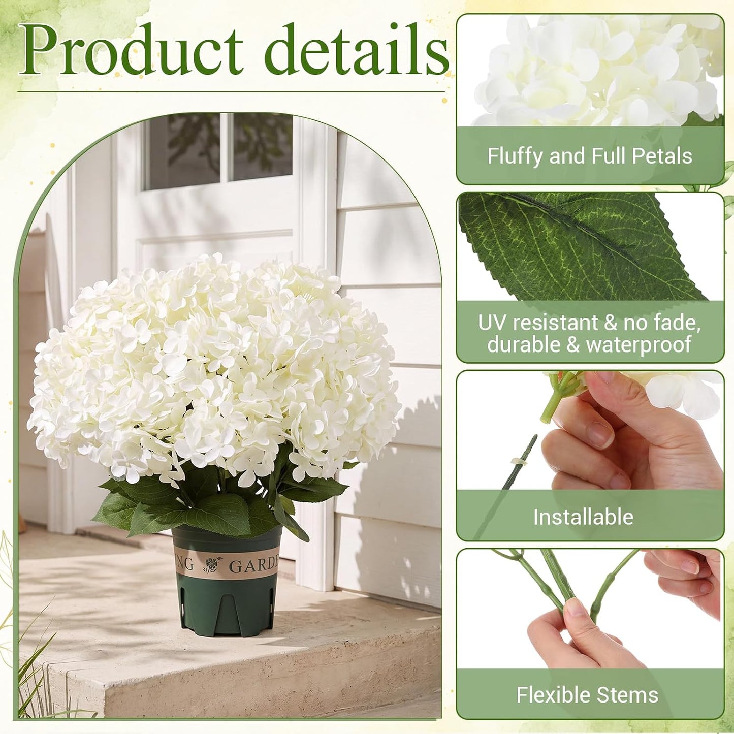 2 Pack Blue White Artificial Hydrangea Flowers Potted for Outdoor | 8 Bundles Faux Hydrangea Plant with 40heads in Pots UV Resistant Realistic Faux Plant Pots for Garden Yard Patio Path Home
