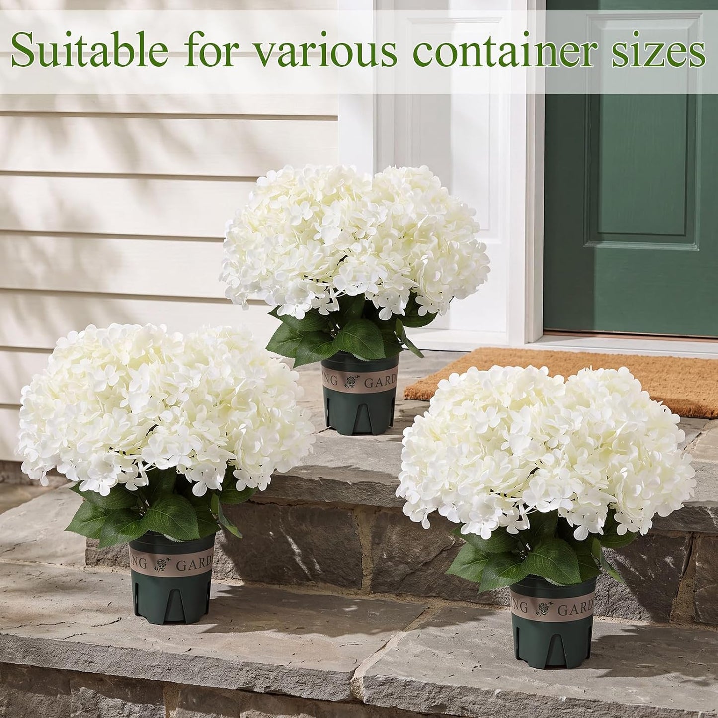 2 Pack Blue White Artificial Hydrangea Flowers Potted for Outdoor | 8 Bundles Faux Hydrangea Plant with 40heads in Pots UV Resistant Realistic Faux Plant Pots for Garden Yard Patio Path Home