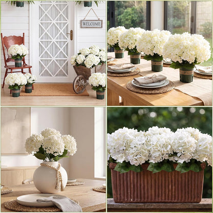 2 Pack Blue White Artificial Hydrangea Flowers Potted for Outdoor | 8 Bundles Faux Hydrangea Plant with 40heads in Pots UV Resistant Realistic Faux Plant Pots for Garden Yard Patio Path Home