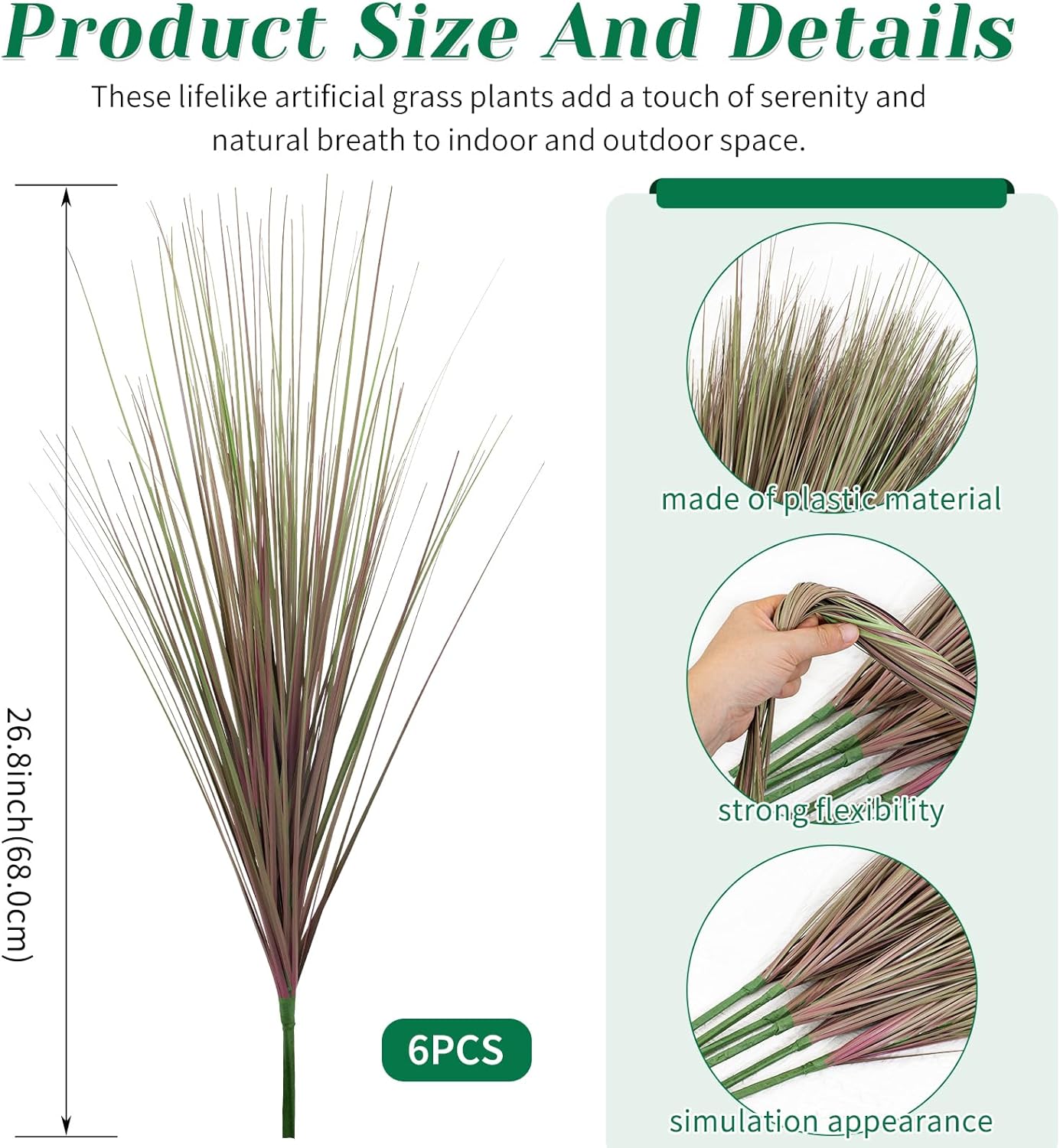27" Artificial Plants Onion Grass | Tall Faux Greenery Shrubs - Fake Wheat Stems & Tall Grass Bushes for Indoor/Outdoor Home, Office, Garden, Porch & Window Box Decor 6 Pack - Green Red Tail