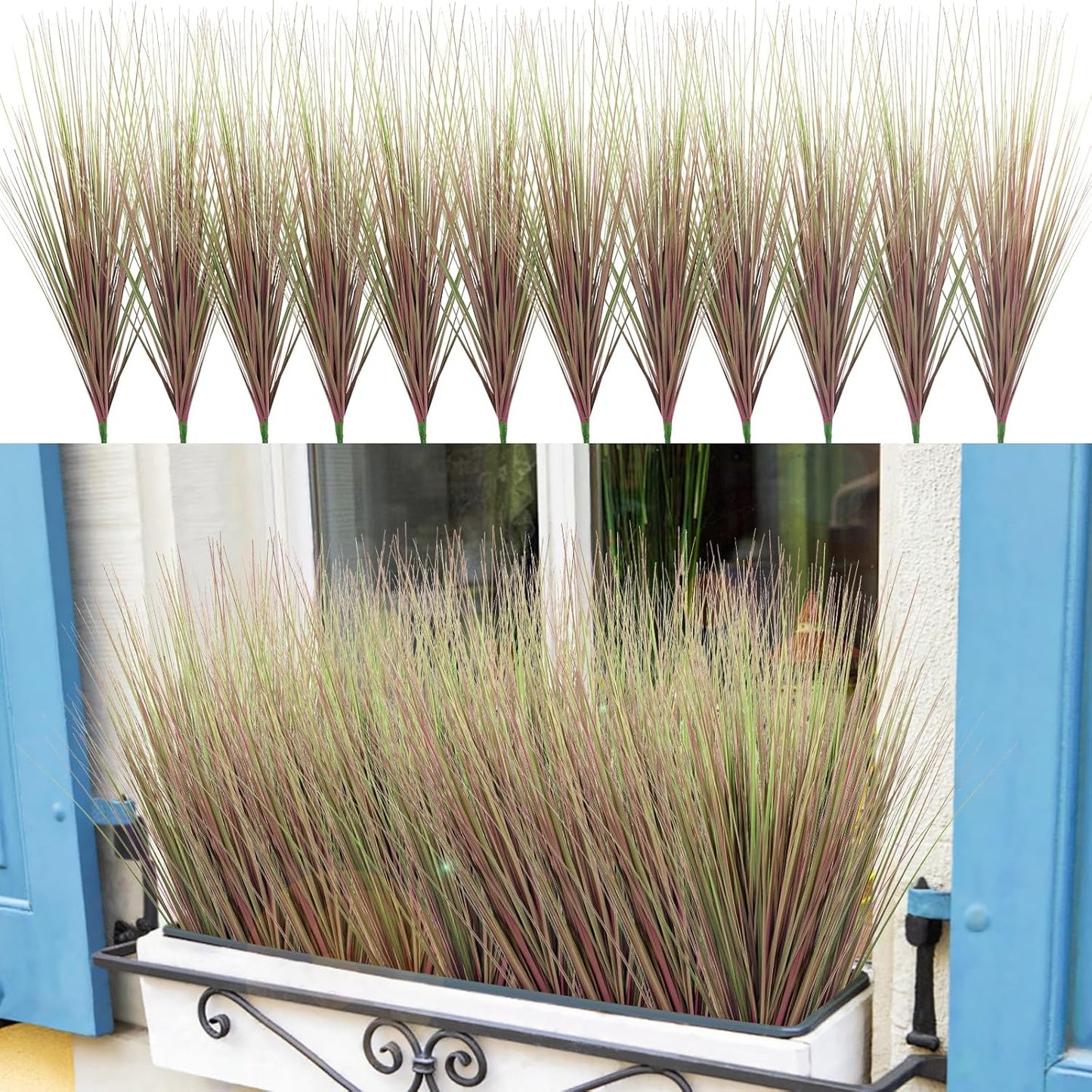 27" Artificial Plants Onion Grass | Tall Faux Greenery Shrubs - Fake Wheat Stems & Tall Grass Bushes for Indoor/Outdoor Home, Office, Garden, Porch & Window Box Decor 6 Pack - Green Red Tail