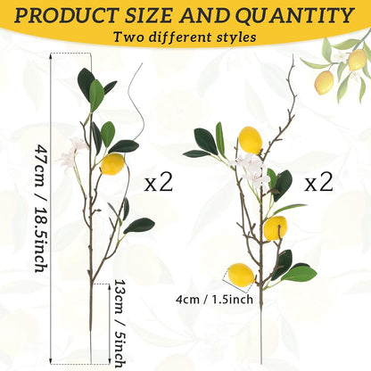 4 Pcs Artificial Lemon Branches 18.7'' Fake Lemons Stems Decoration