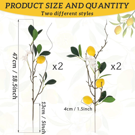 4 Pcs Artificial Lemon Branches 18.7'' Fake Lemons Stems Decoration