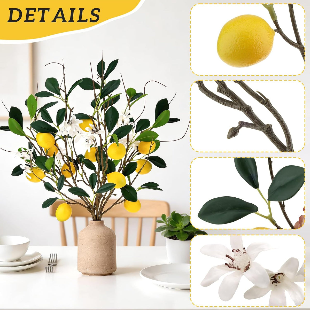 4 Pcs Artificial Lemon Branches 18.7'' Fake Lemons Stems Decoration