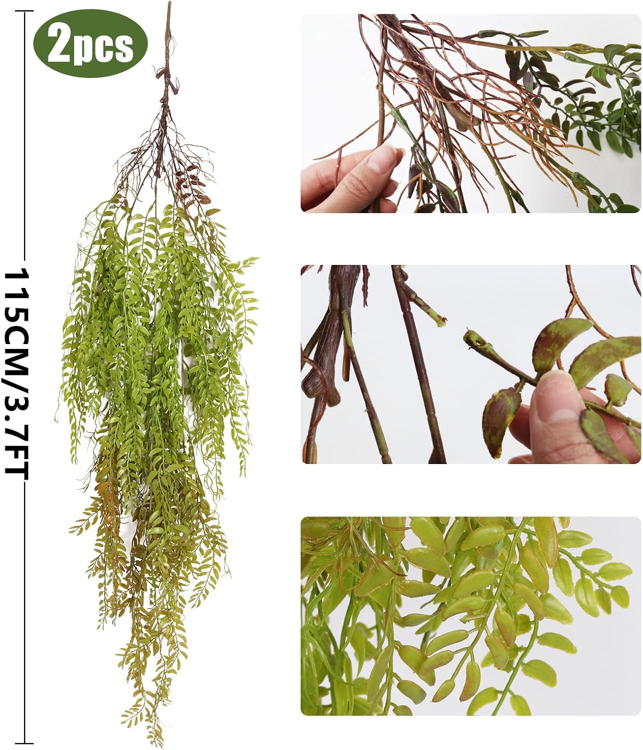 2 Pcs 3.7Ft Hanging Fake Plants Faux Ferns Ivy Willow Vine Leaves Wall Greenery Artificial Vine Plastic for Spring Summer Home Garden Wedding Graduation Party Indoor Outdoor Decorations(Green)