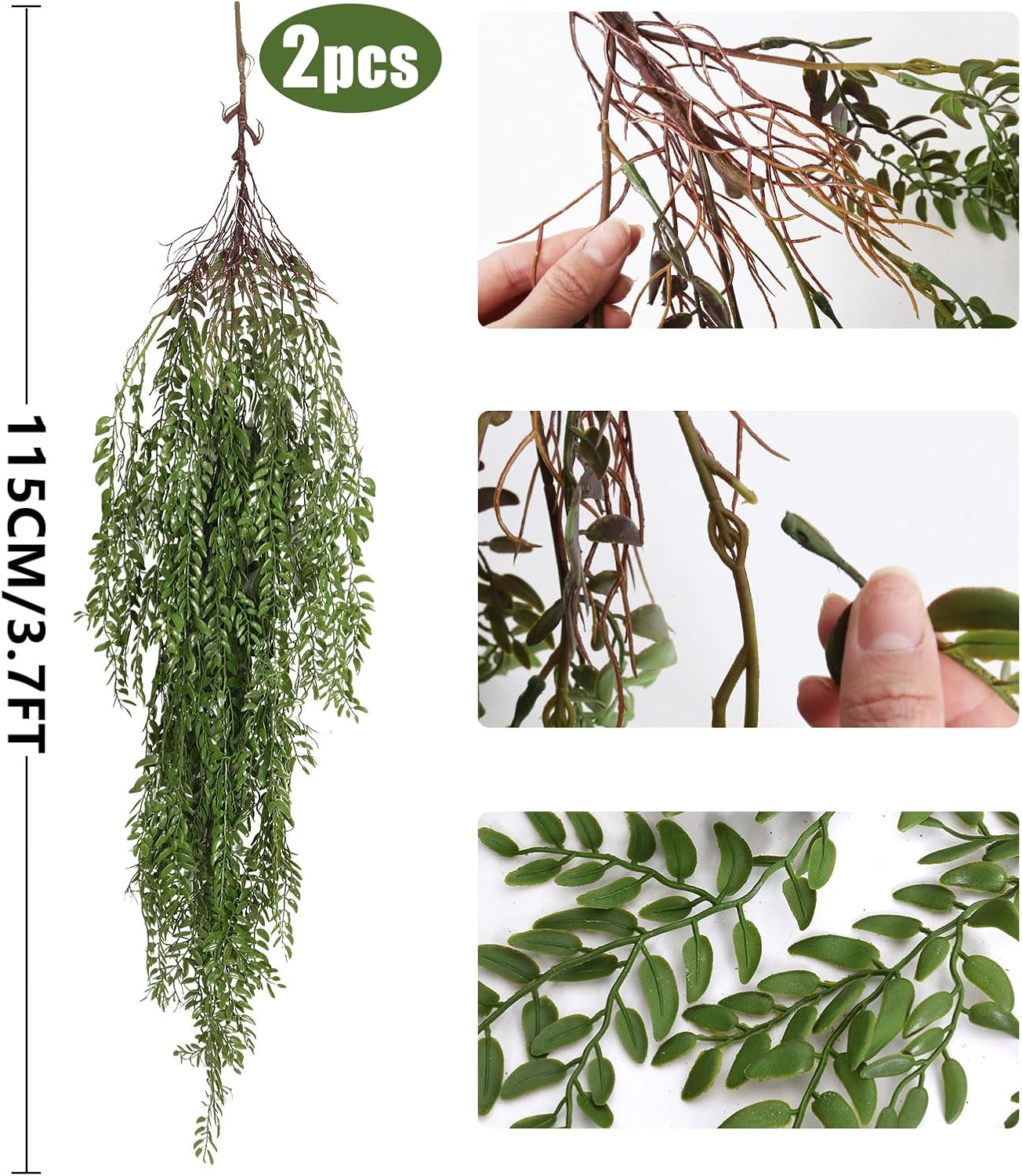 2 Pcs 3.7Ft Hanging Fake Plants Faux Ferns Ivy Willow Vine Leaves Wall Greenery Artificial Vine Plastic for Spring Summer Home Garden Wedding Graduation Party Indoor Outdoor Decorations(Green)
