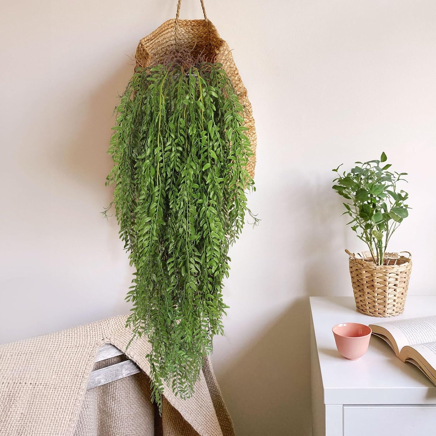2 Pcs 3.7Ft Hanging Fake Plants Faux Ferns Ivy Willow Vine Leaves Wall Greenery Artificial Vine Plastic for Spring Summer Home Garden Wedding Graduation Party Indoor Outdoor Decorations(Green)
