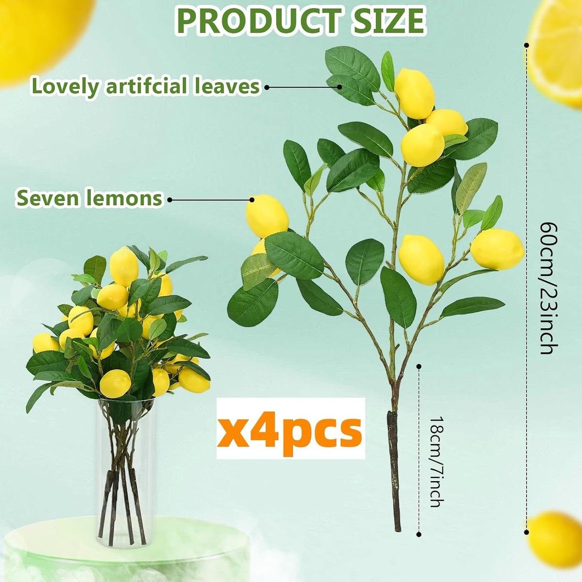 4pcs 23.6-inch Artificial Lemon Branches, Lemon Stems Fake Lemons & Fake Limes for Lemon Party Decorations, Kitchen, Spring Summer Decor