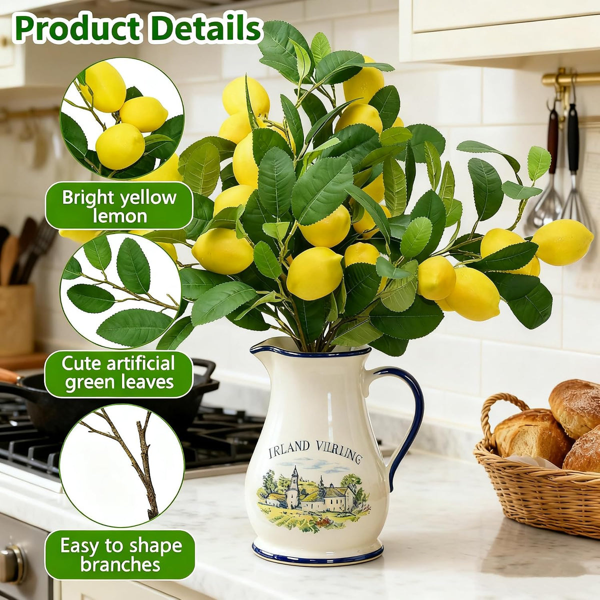 4pcs 23.6-inch Artificial Lemon Branches, Lemon Stems Fake Lemons & Fake Limes for Lemon Party Decorations, Kitchen, Spring Summer Decor