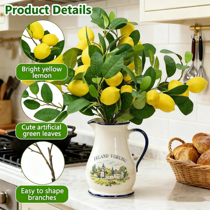 4pcs 23.6-inch Artificial Lemon Branches, Lemon Stems Fake Lemons & Fake Limes for Lemon Party Decorations, Kitchen, Spring Summer Decor