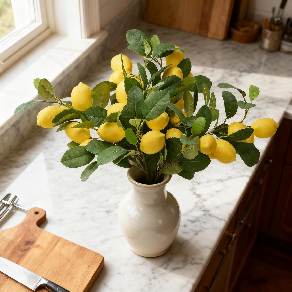4pcs 23.6-inch Artificial Lemon Branches, Lemon Stems Fake Lemons & Fake Limes for Lemon Party Decorations, Kitchen, Spring Summer Decor