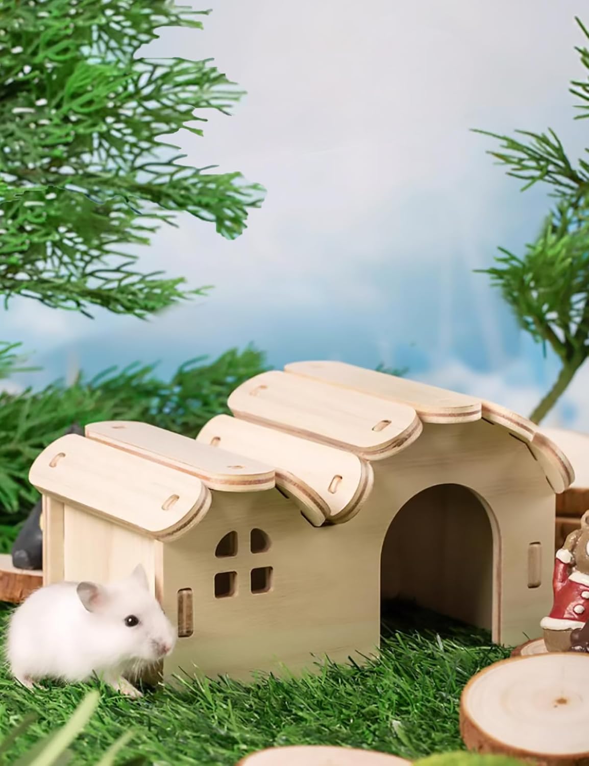 Hamster Hideout Cage Accessories - Hamster House and Habitat Wooden Hide Hut with Climbing Ladder and Platform for Dwarf Gerbils and Mouse Mice Rat Other Small Animals etc.