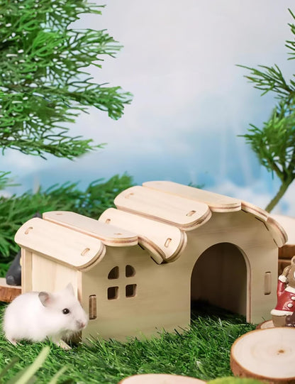 Hamster Hideout Cage Accessories - Hamster House and Habitat Wooden Hide Hut with Climbing Ladder and Platform for Dwarf Gerbils and Mouse Mice Rat Other Small Animals etc.