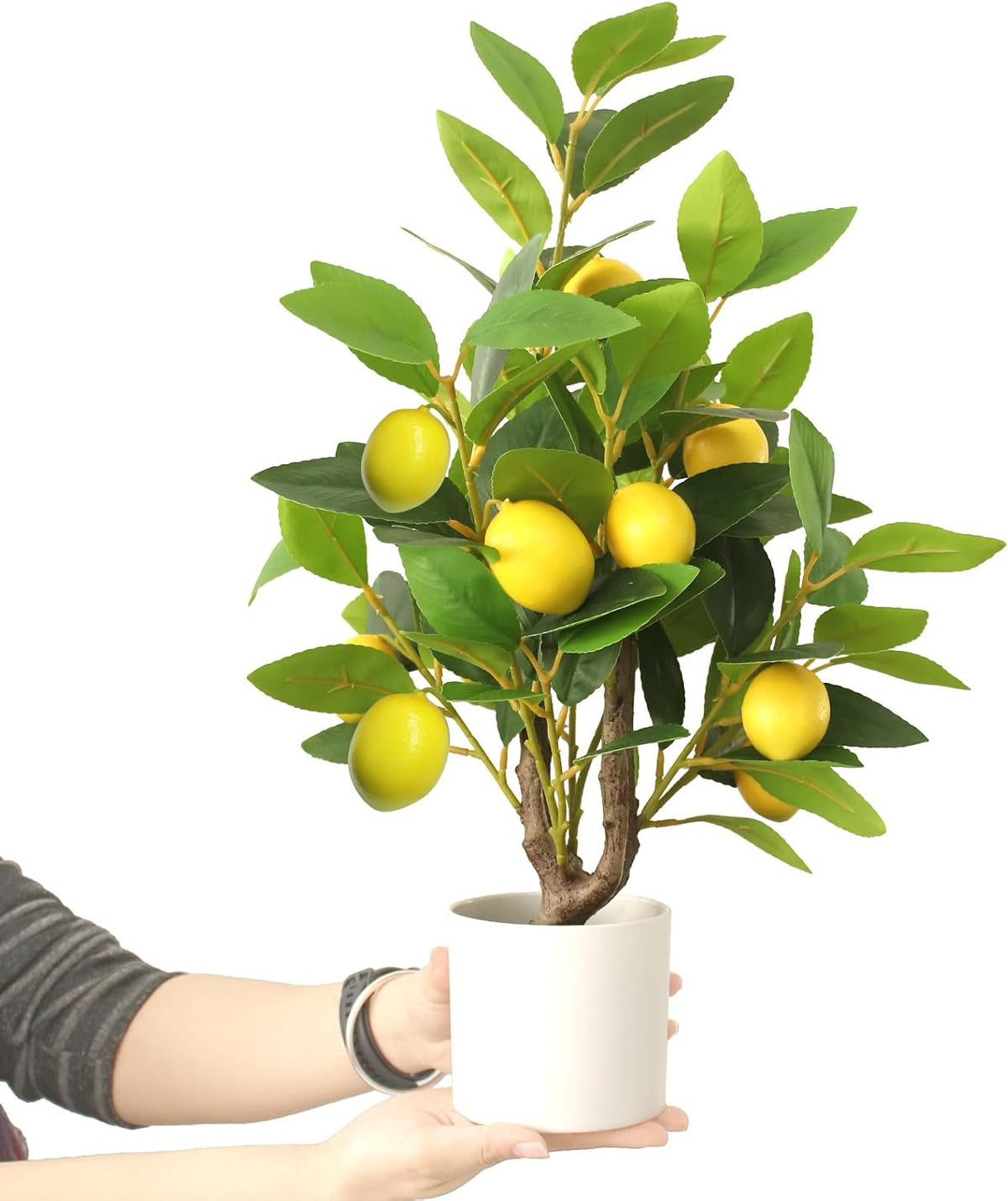 Artificial Potted Plant, 18“ Indoor Fake Lemon Tree Greenery with White Pot Faux Green Plants Lemon Citrus Branches Stems for Kitchen Office Living Room Table Desk Home Decor
