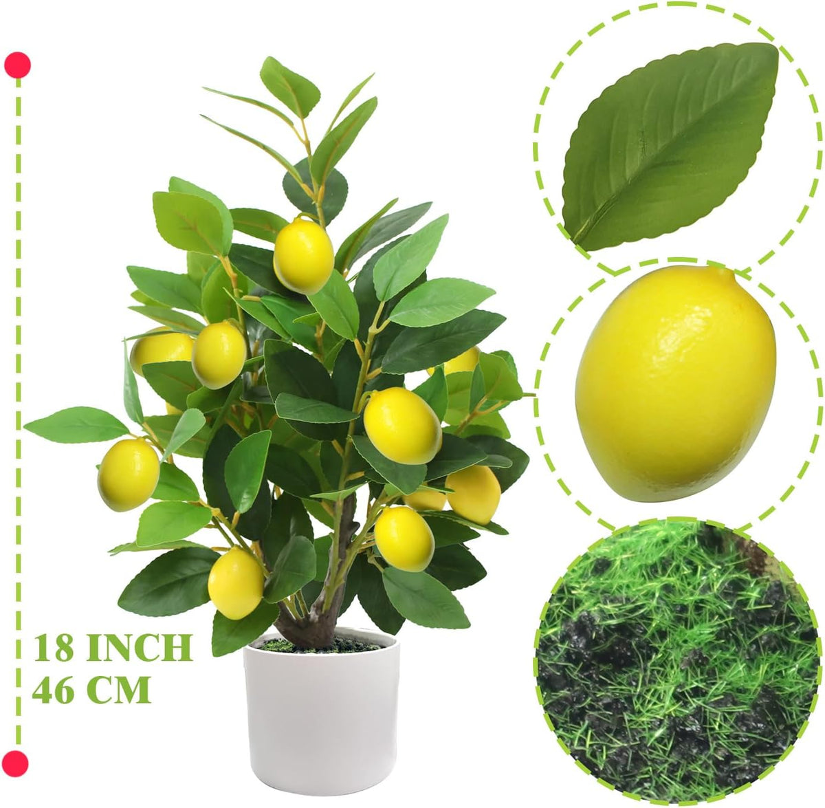Artificial Potted Plant, 18“ Indoor Fake Lemon Tree Greenery with White Pot Faux Green Plants Lemon Citrus Branches Stems for Kitchen Office Living Room Table Desk Home Decor