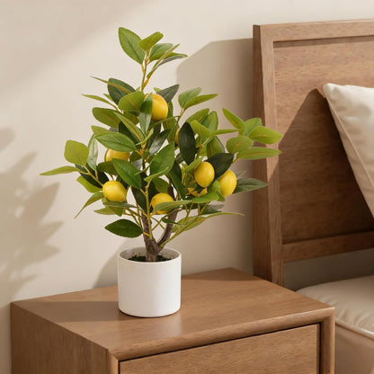 Artificial Potted Plant, 18“ Indoor Fake Lemon Tree Greenery with White Pot Faux Green Plants Lemon Citrus Branches Stems for Kitchen Office Living Room Table Desk Home Decor