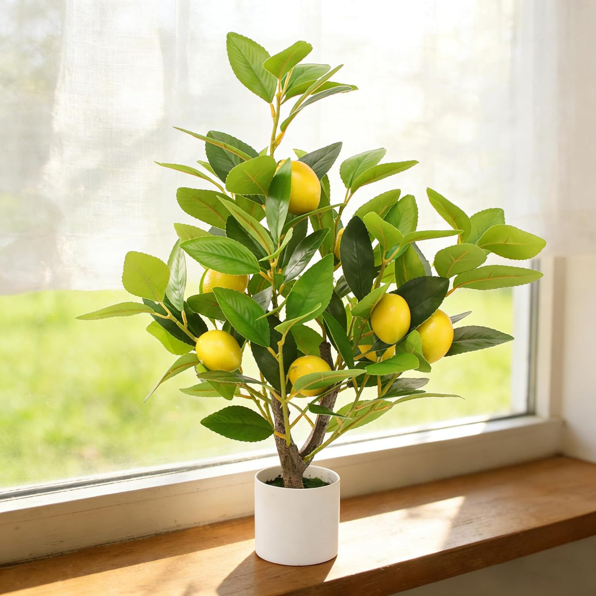 Artificial Potted Plant, 18“ Indoor Fake Lemon Tree Greenery with White Pot Faux Green Plants Lemon Citrus Branches Stems for Kitchen Office Living Room Table Desk Home Decor