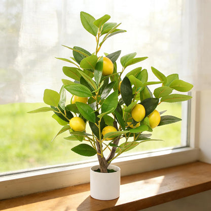 Artificial Potted Plant, 18“ Indoor Fake Lemon Tree Greenery with White Pot Faux Green Plants Lemon Citrus Branches Stems for Kitchen Office Living Room Table Desk Home Decor