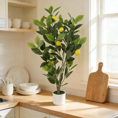 Artificial Potted Plant, 18“ Indoor Fake Lemon Tree Greenery with White Pot Faux Green Plants Lemon Citrus Branches Stems for Kitchen Office Living Room Table Desk Home Decor