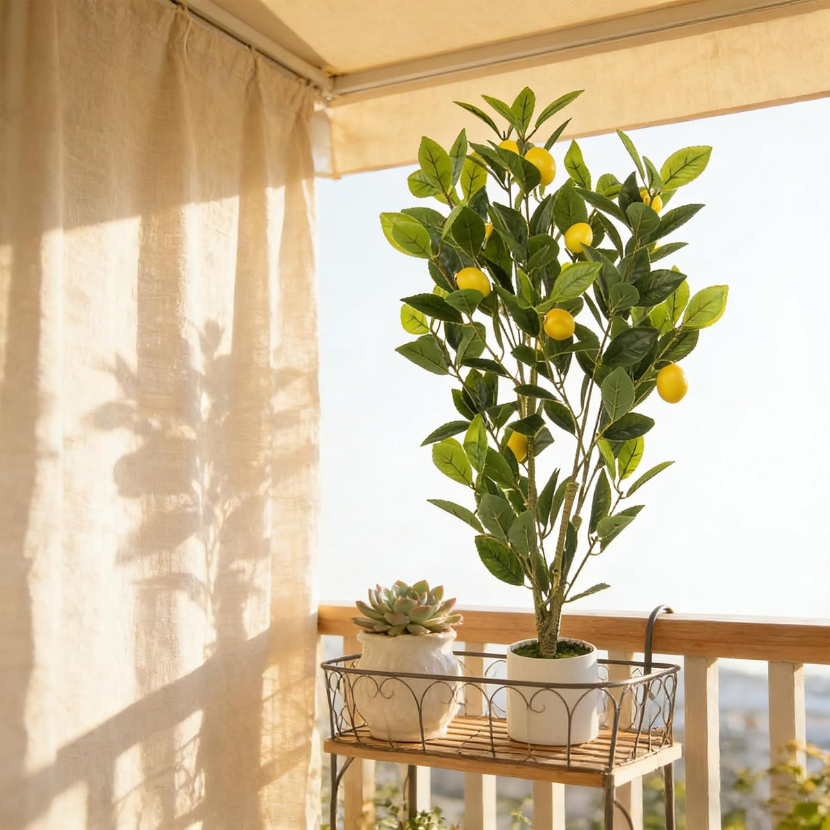 Artificial Potted Plant, 18“ Indoor Fake Lemon Tree Greenery with White Pot Faux Green Plants Lemon Citrus Branches Stems for Kitchen Office Living Room Table Desk Home Decor