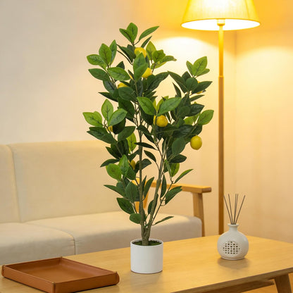 Artificial Potted Plant, 18“ Indoor Fake Lemon Tree Greenery with White Pot Faux Green Plants Lemon Citrus Branches Stems for Kitchen Office Living Room Table Desk Home Decor