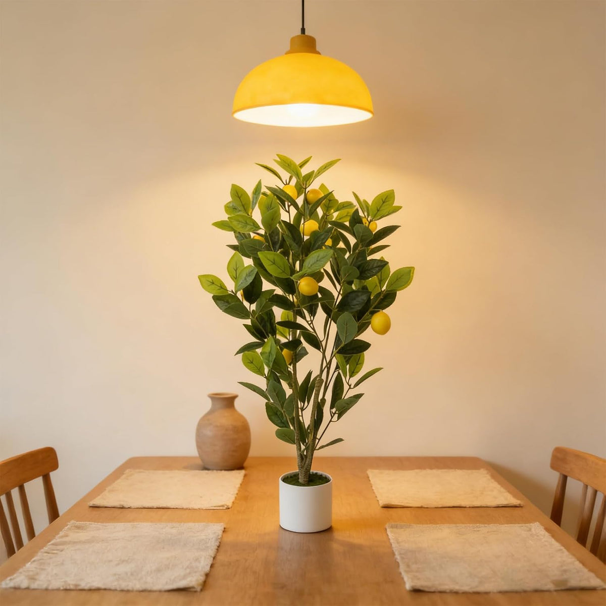 Artificial Potted Plant, 18“ Indoor Fake Lemon Tree Greenery with White Pot Faux Green Plants Lemon Citrus Branches Stems for Kitchen Office Living Room Table Desk Home Decor