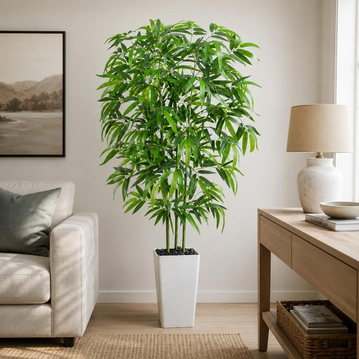 Artificial Bamboo Plants 5FT, Faux Tree Indoor with White Tall Planter