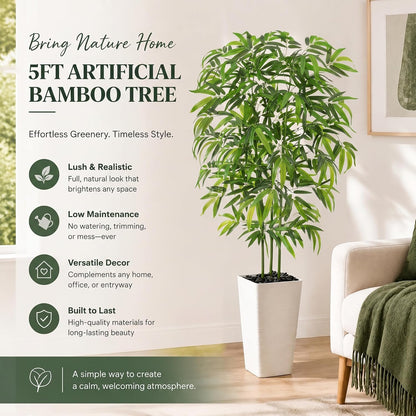 Artificial Bamboo Plants 5FT, Faux Tree Indoor with White Tall Planter