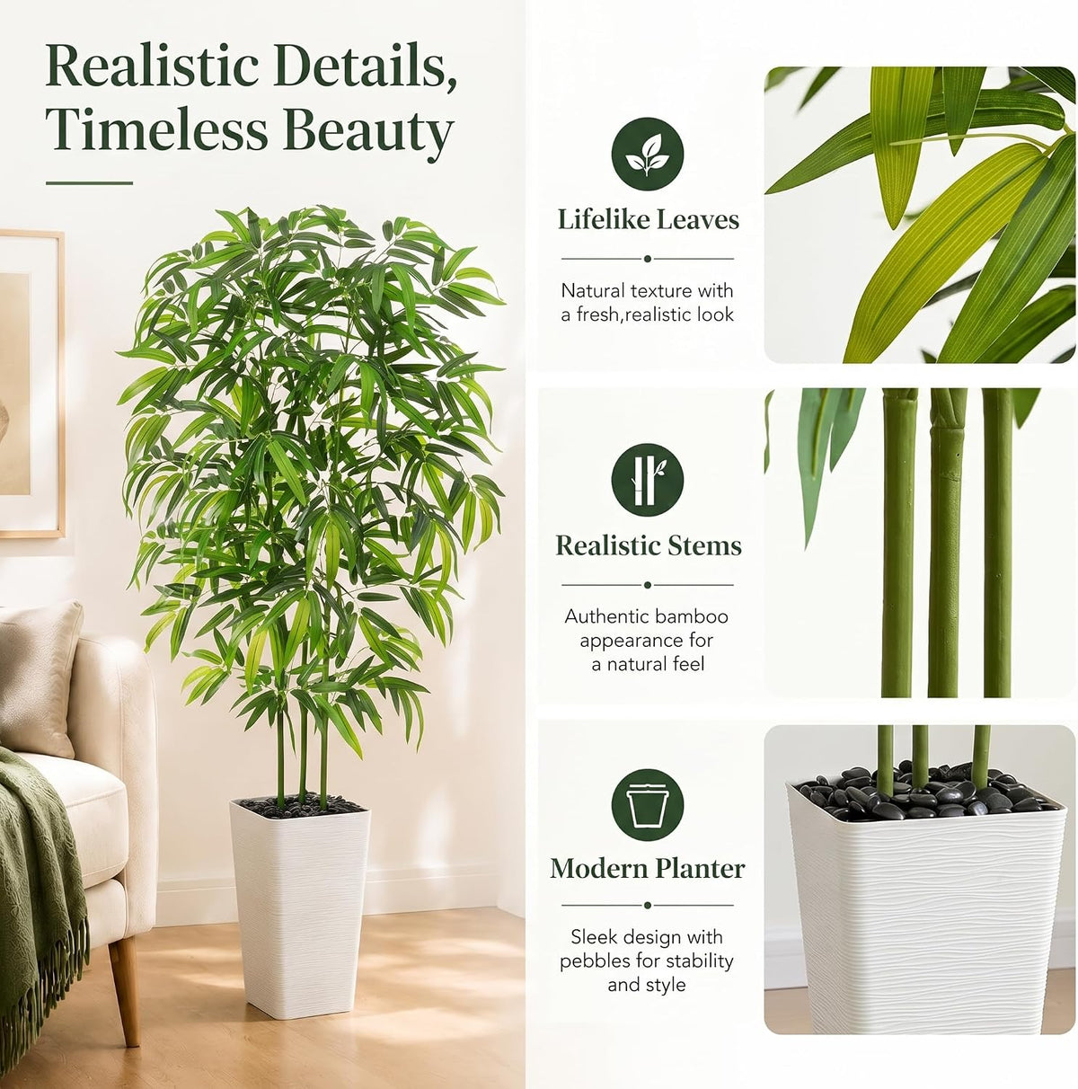 Artificial Bamboo Plants 5FT, Faux Tree Indoor with White Tall Planter
