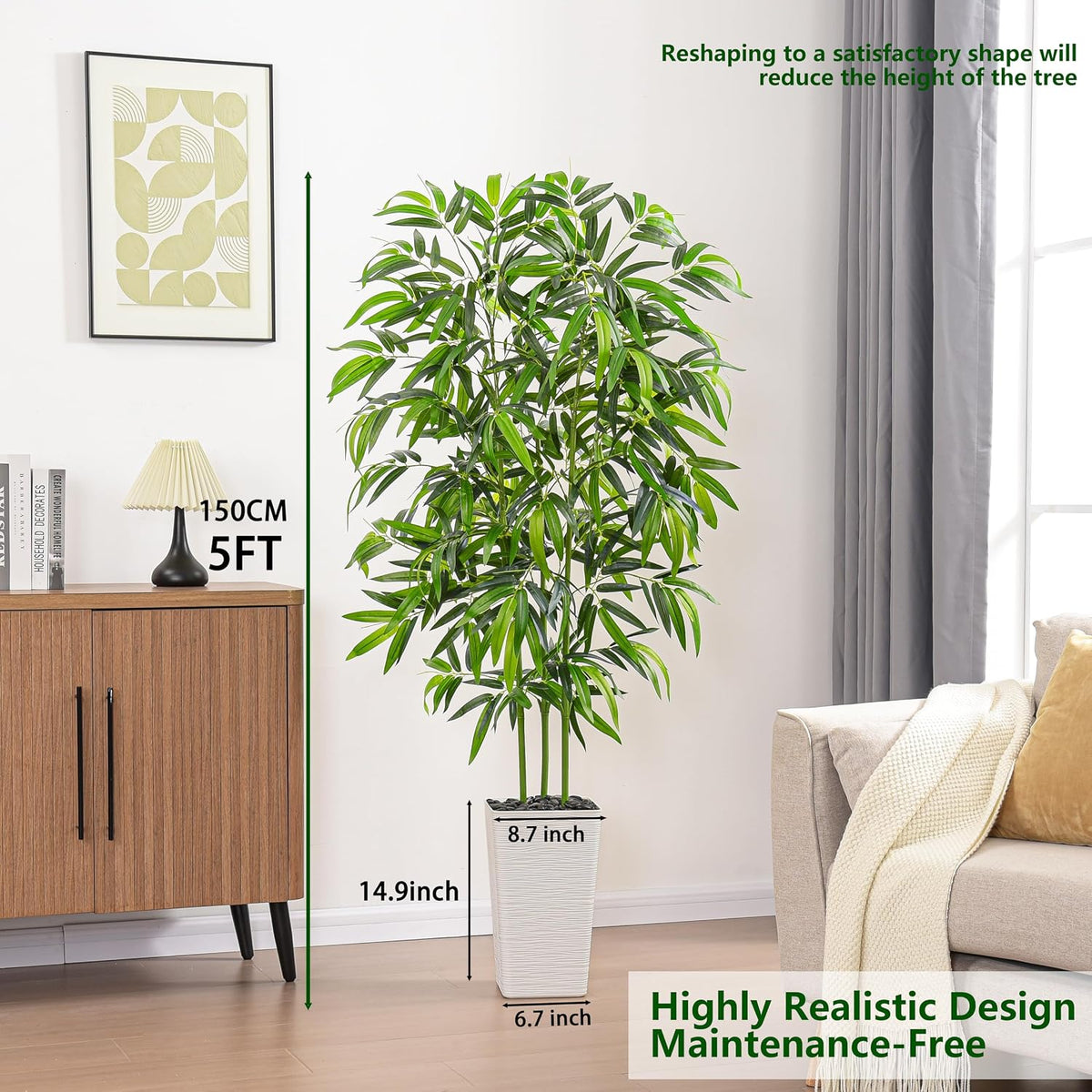 Artificial Bamboo Plants 5FT, Faux Tree Indoor with White Tall Planter