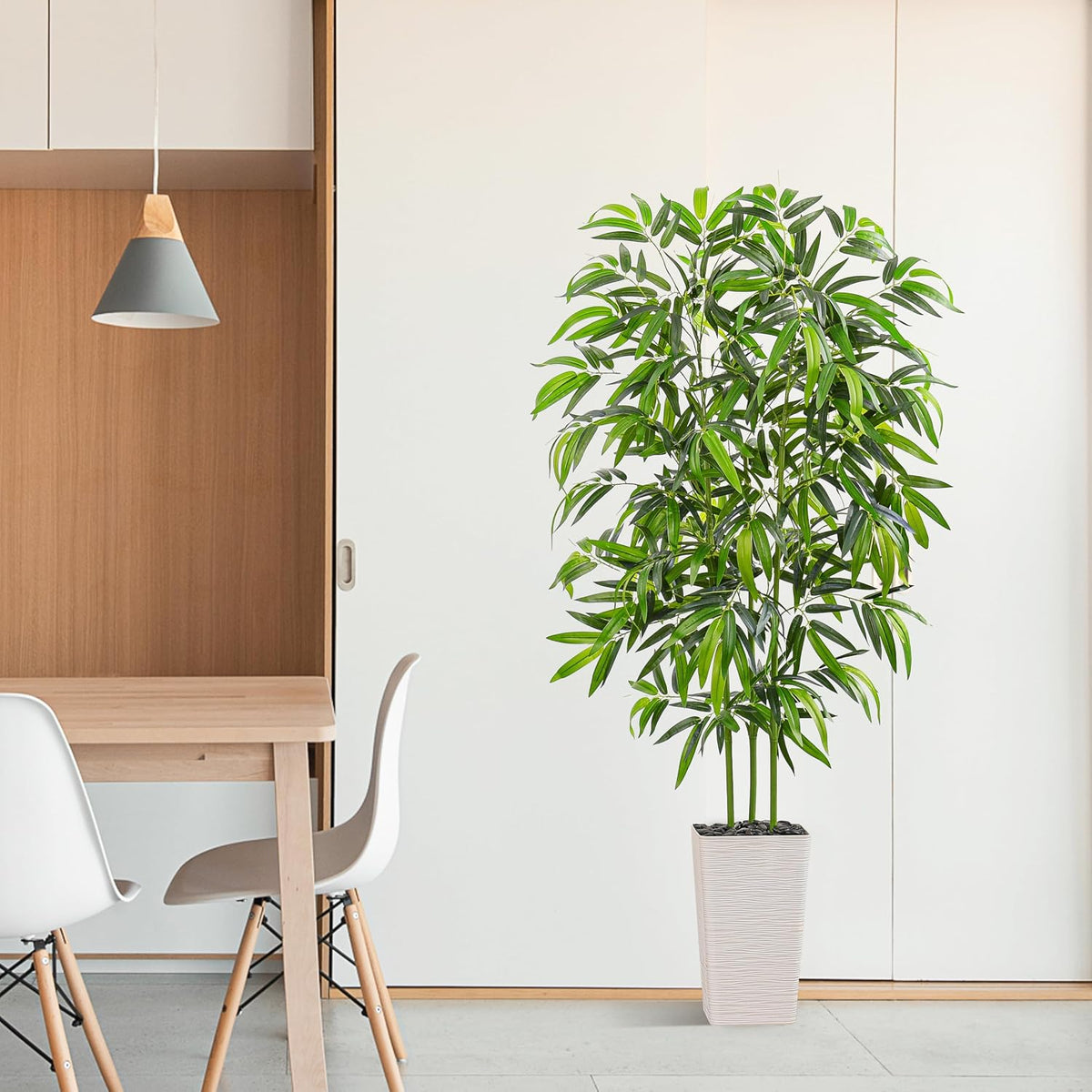 Artificial Bamboo Plants 5FT, Faux Tree Indoor with White Tall Planter