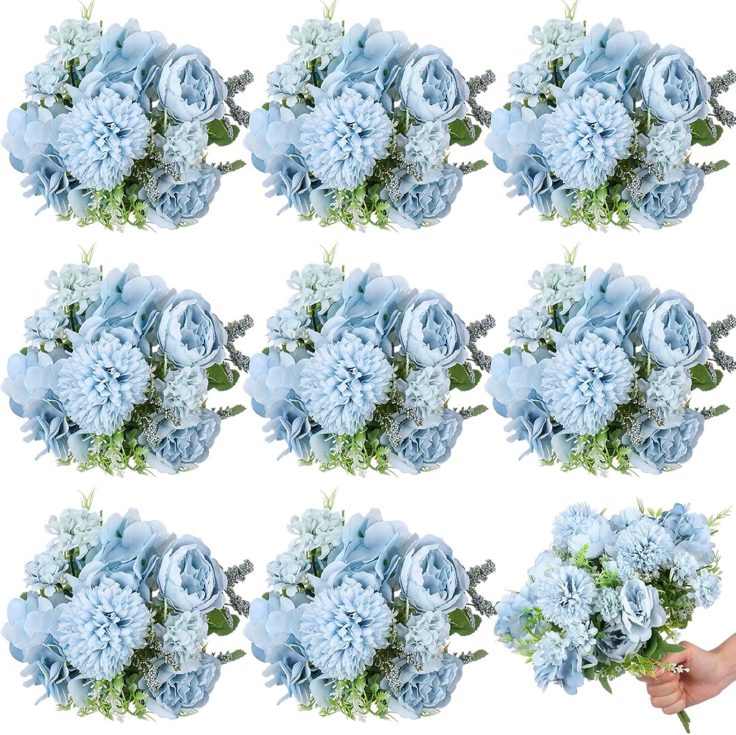 Artificial Peony Hydrangea Flowers Bouquets Realistic Silk Fake Flowers for Wedding Table Centerpieces Home Farmhouse Decor Faux Floral Arrangement for Bridal Party DIY(Gradiente Blue,8 Pcs)