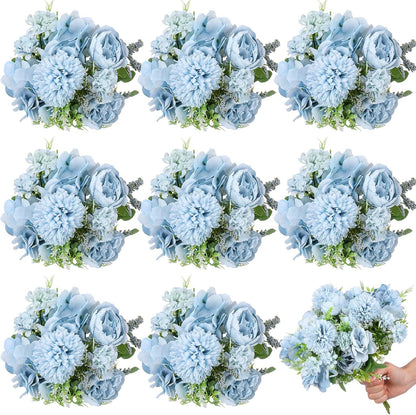 Artificial Peony Hydrangea Flowers Bouquets Realistic Silk Fake Flowers for Wedding Table Centerpieces Home Farmhouse Decor Faux Floral Arrangement for Bridal Party DIY(Gradiente Blue,8 Pcs)