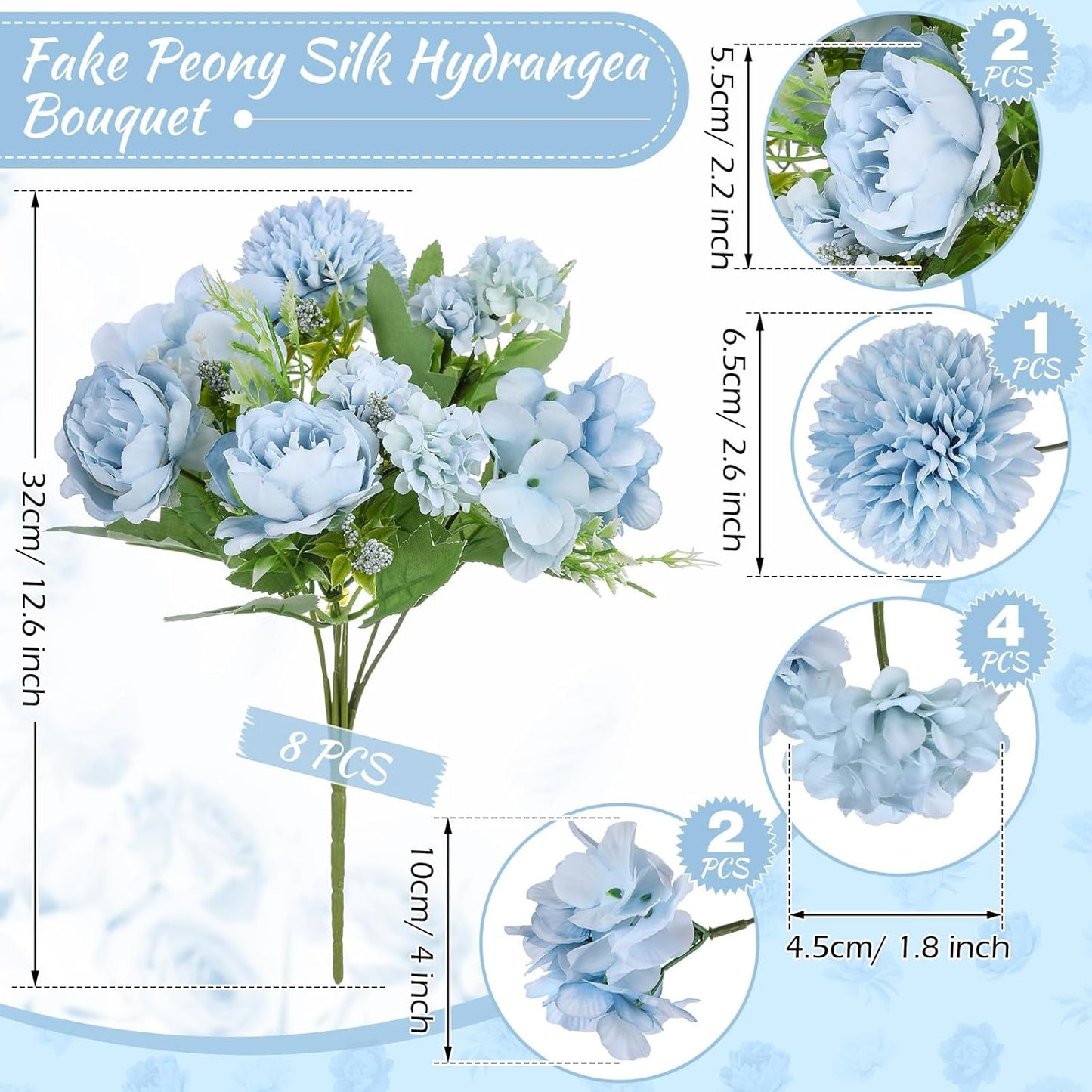 Artificial Peony Hydrangea Flowers Bouquets Realistic Silk Fake Flowers for Wedding Table Centerpieces Home Farmhouse Decor Faux Floral Arrangement for Bridal Party DIY(Gradiente Blue,8 Pcs)
