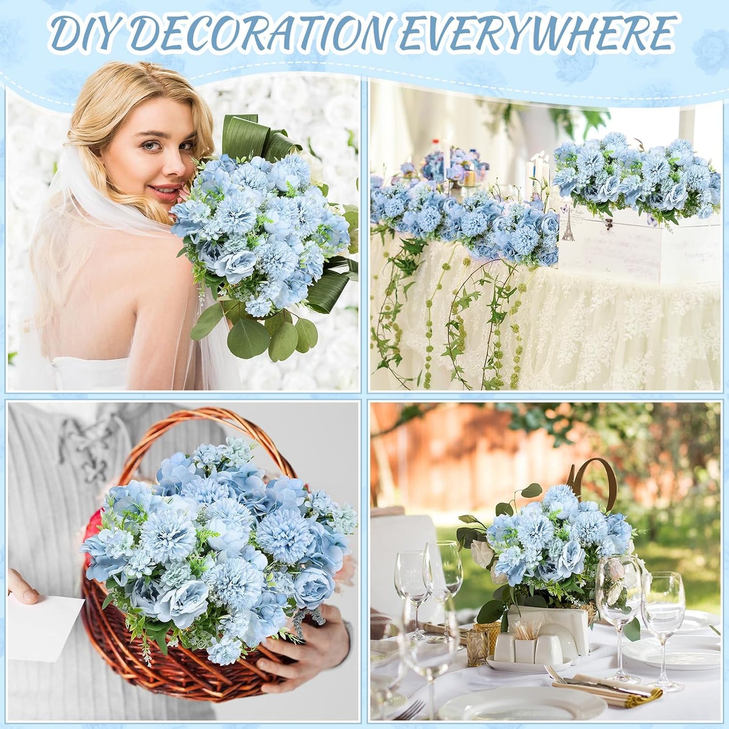 Artificial Peony Hydrangea Flowers Bouquets Realistic Silk Fake Flowers for Wedding Table Centerpieces Home Farmhouse Decor Faux Floral Arrangement for Bridal Party DIY(Gradiente Blue,8 Pcs)
