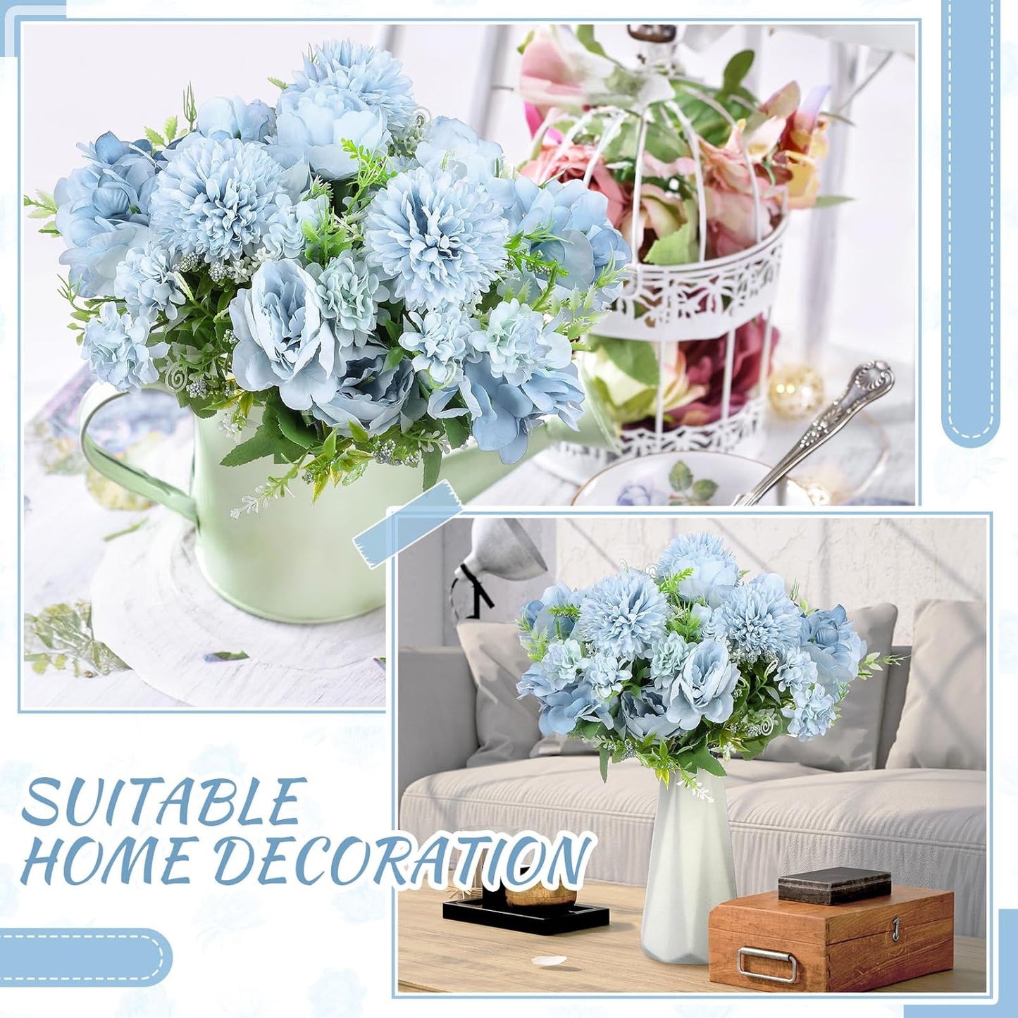 Artificial Peony Hydrangea Flowers Bouquets Realistic Silk Fake Flowers for Wedding Table Centerpieces Home Farmhouse Decor Faux Floral Arrangement for Bridal Party DIY(Gradiente Blue,8 Pcs)