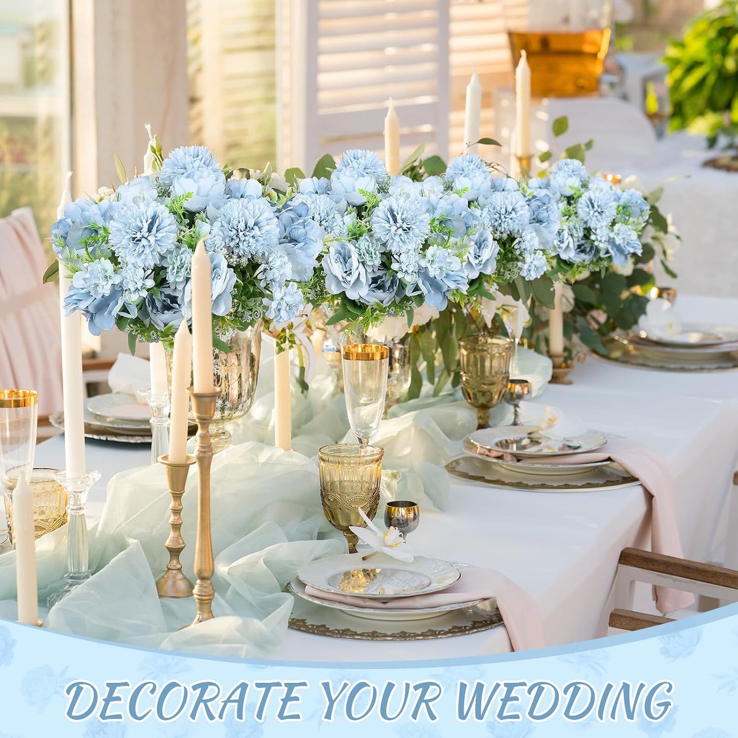 Artificial Peony Hydrangea Flowers Bouquets Realistic Silk Fake Flowers for Wedding Table Centerpieces Home Farmhouse Decor Faux Floral Arrangement for Bridal Party DIY(Gradiente Blue,8 Pcs)