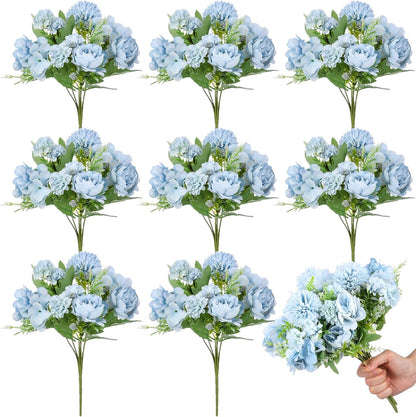 Artificial Peony Hydrangea Flowers Bouquets Realistic Silk Fake Flowers for Wedding Table Centerpieces Home Farmhouse Decor Faux Floral Arrangement for Bridal Party DIY(Gradiente Blue,8 Pcs)