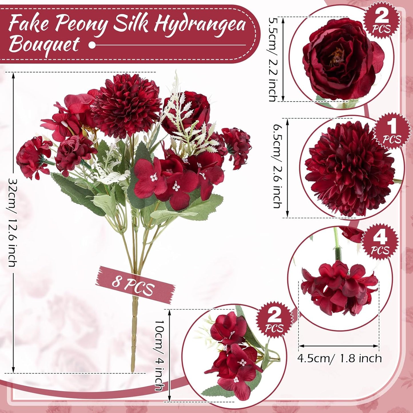 Artificial Peony Hydrangea Flowers Bouquets Realistic Silk Fake Flowers for Wedding Table Centerpieces Home Farmhouse Decor Faux Floral Arrangement for Bridal Party DIY(Gradiente Blue,8 Pcs)