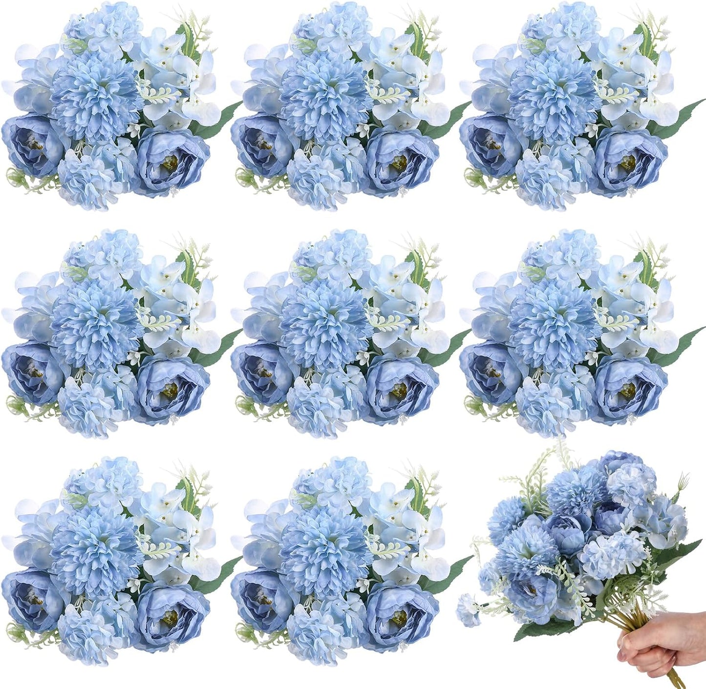 Artificial Peony Hydrangea Flowers Bouquets Realistic Silk Fake Flowers for Wedding Table Centerpieces Home Farmhouse Decor Faux Floral Arrangement for Bridal Party DIY(Gradiente Blue,8 Pcs)