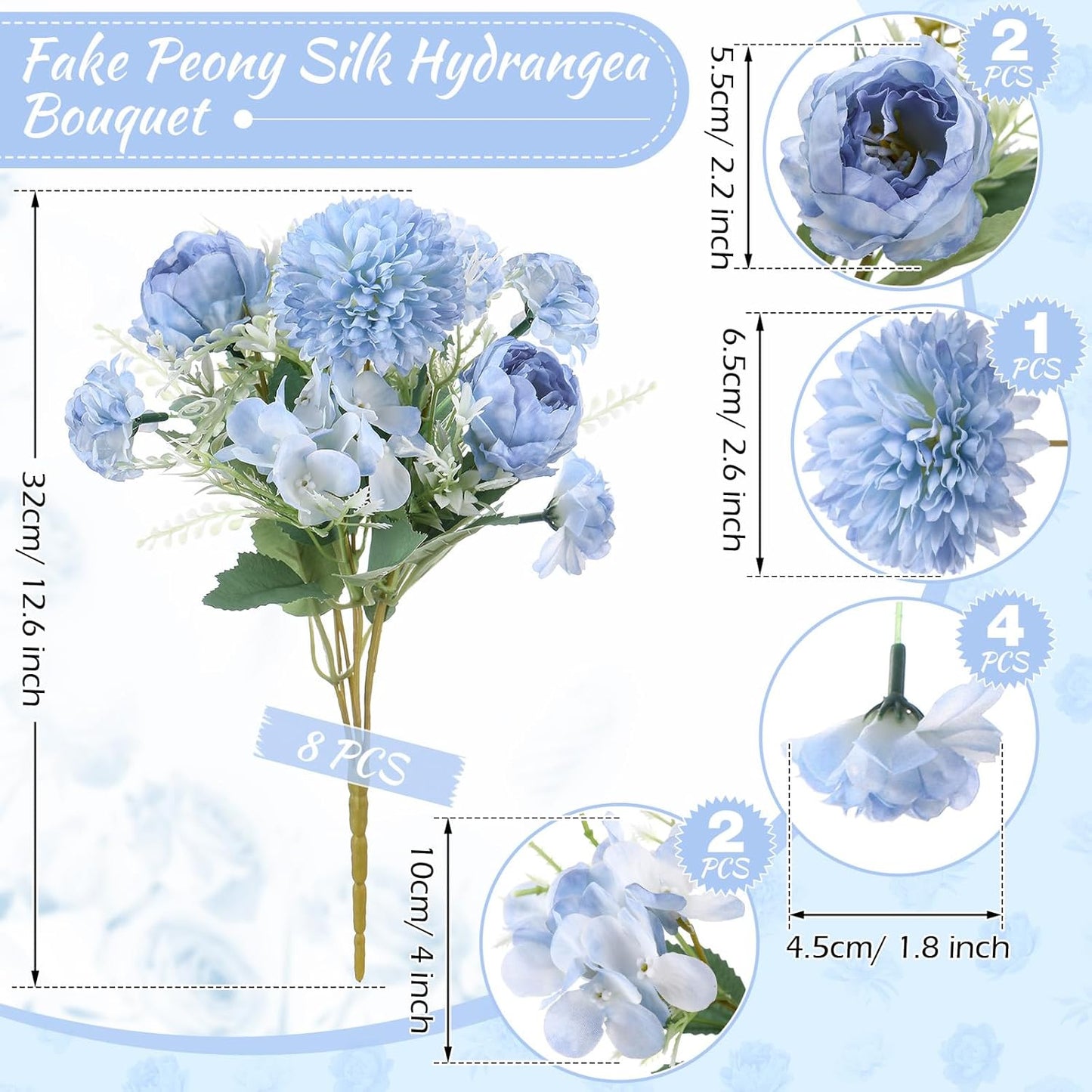 Artificial Peony Hydrangea Flowers Bouquets Realistic Silk Fake Flowers for Wedding Table Centerpieces Home Farmhouse Decor Faux Floral Arrangement for Bridal Party DIY(Gradiente Blue,8 Pcs)