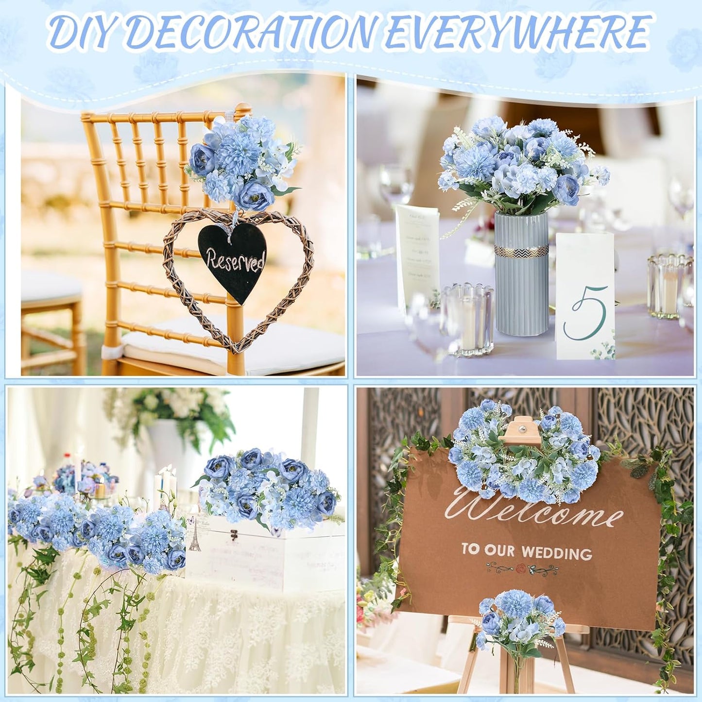 Artificial Peony Hydrangea Flowers Bouquets Realistic Silk Fake Flowers for Wedding Table Centerpieces Home Farmhouse Decor Faux Floral Arrangement for Bridal Party DIY(Gradiente Blue,8 Pcs)