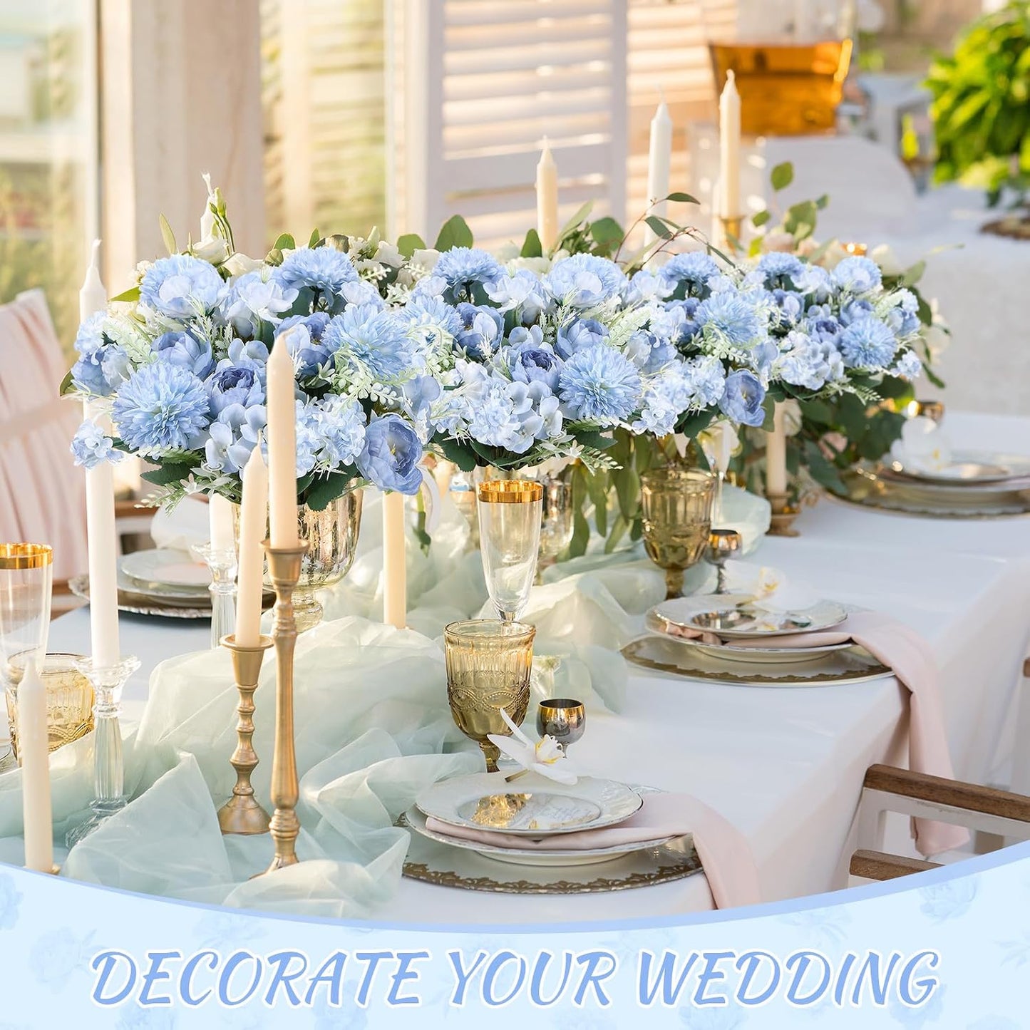 Artificial Peony Hydrangea Flowers Bouquets Realistic Silk Fake Flowers for Wedding Table Centerpieces Home Farmhouse Decor Faux Floral Arrangement for Bridal Party DIY(Gradiente Blue,8 Pcs)