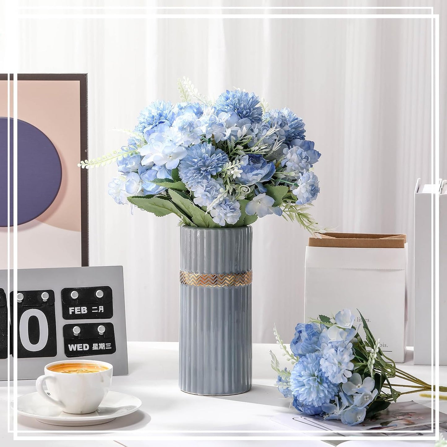 Artificial Peony Hydrangea Flowers Bouquets Realistic Silk Fake Flowers for Wedding Table Centerpieces Home Farmhouse Decor Faux Floral Arrangement for Bridal Party DIY(Gradiente Blue,8 Pcs)