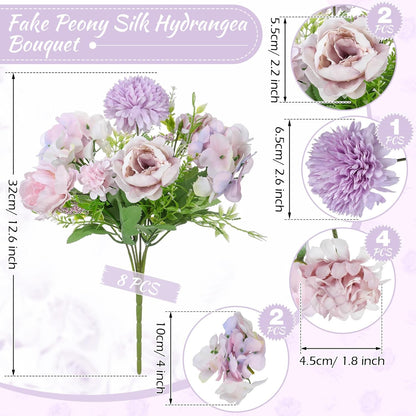 Artificial Peony Hydrangea Flowers Bouquets Realistic Silk Fake Flowers for Wedding Table Centerpieces Home Farmhouse Decor Faux Floral Arrangement for Bridal Party DIY(Gradiente Blue,8 Pcs)