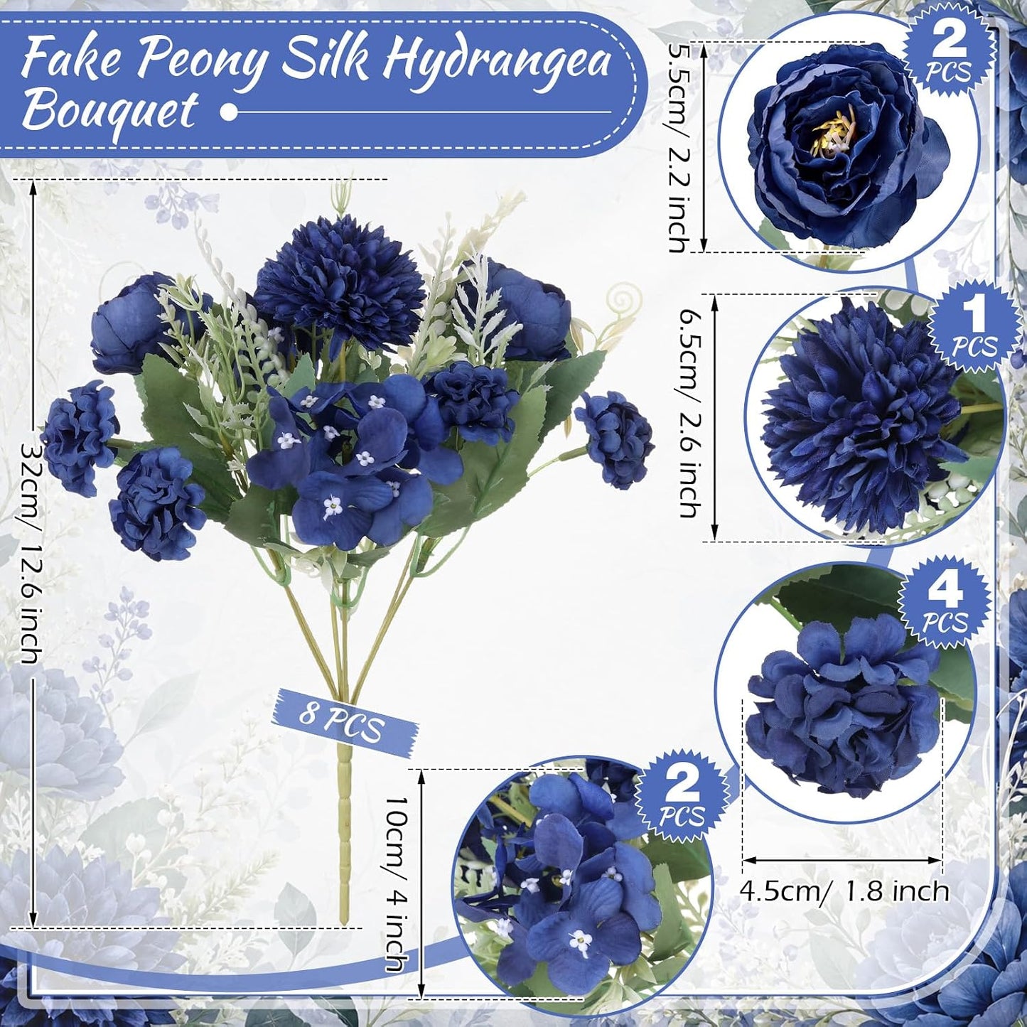 Artificial Peony Hydrangea Flowers Bouquets Realistic Silk Fake Flowers for Wedding Table Centerpieces Home Farmhouse Decor Faux Floral Arrangement for Bridal Party DIY(Gradiente Blue,8 Pcs)