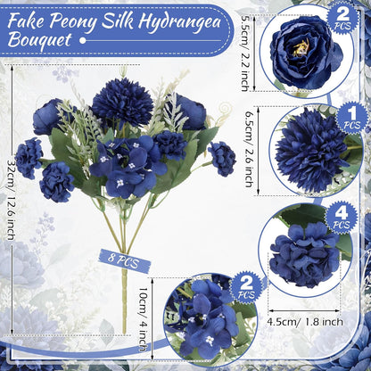 Artificial Peony Hydrangea Flowers Bouquets Realistic Silk Fake Flowers for Wedding Table Centerpieces Home Farmhouse Decor Faux Floral Arrangement for Bridal Party DIY(Gradiente Blue,8 Pcs)