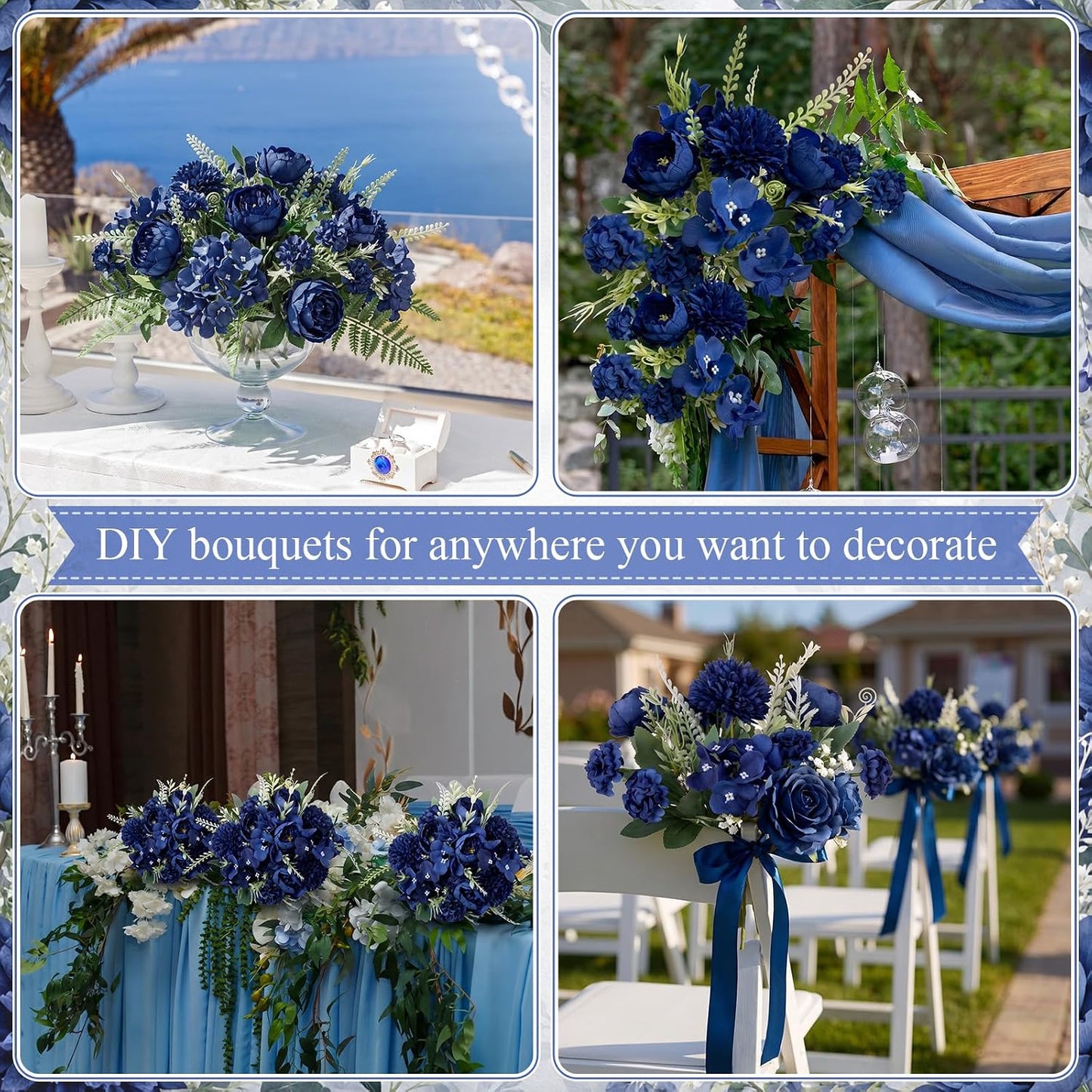 Artificial Peony Hydrangea Flowers Bouquets Realistic Silk Fake Flowers for Wedding Table Centerpieces Home Farmhouse Decor Faux Floral Arrangement for Bridal Party DIY(Gradiente Blue,8 Pcs)