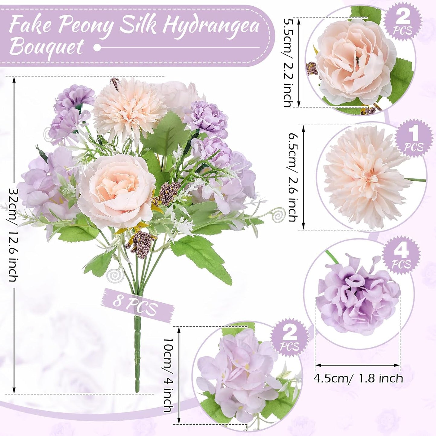 Artificial Peony Hydrangea Flowers Bouquets Realistic Silk Fake Flowers for Wedding Table Centerpieces Home Farmhouse Decor Faux Floral Arrangement for Bridal Party DIY(Gradiente Blue,8 Pcs)